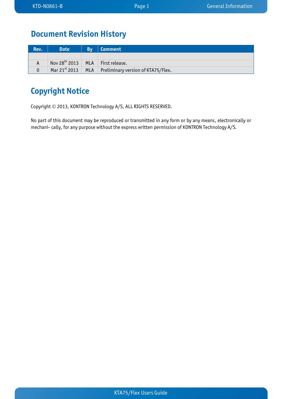 Document revision history, Copyright notice | Kontron KTA75-FLEX User Manual | Page 4 / 90