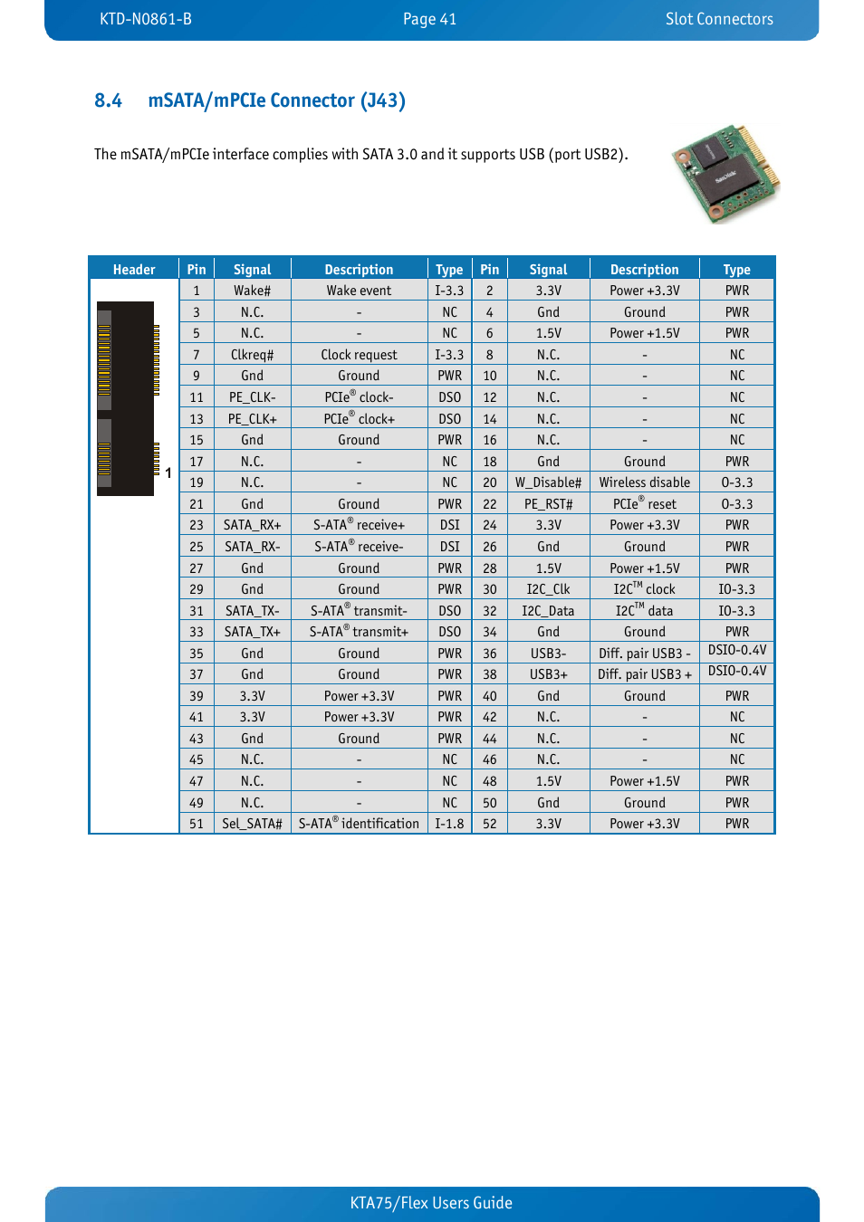 4 msata/mpcie connector (j43), Msata/mpcie connector (j43), Kta75/flex users guide kta70m/mitx users guide | Kontron KTA75-FLEX User Manual | Page 49 / 90
