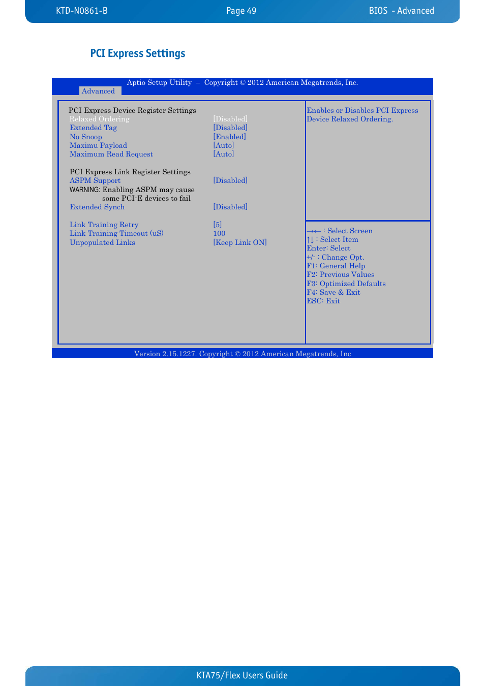 Pci express settings, Kta75/flex users guide kta70m/mitx users guide | Kontron KTA75-FLEX User Manual | Page 57 / 90