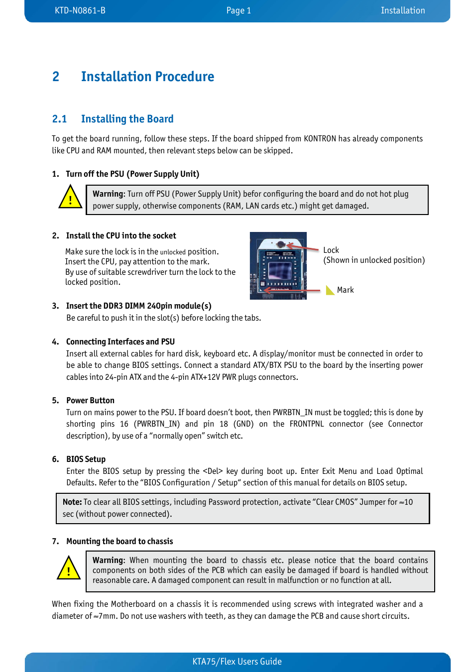 2 installation procedure, 1 installing the board, Installation procedure | Installing the board, 2installation procedure | Kontron KTA75-FLEX User Manual | Page 9 / 90