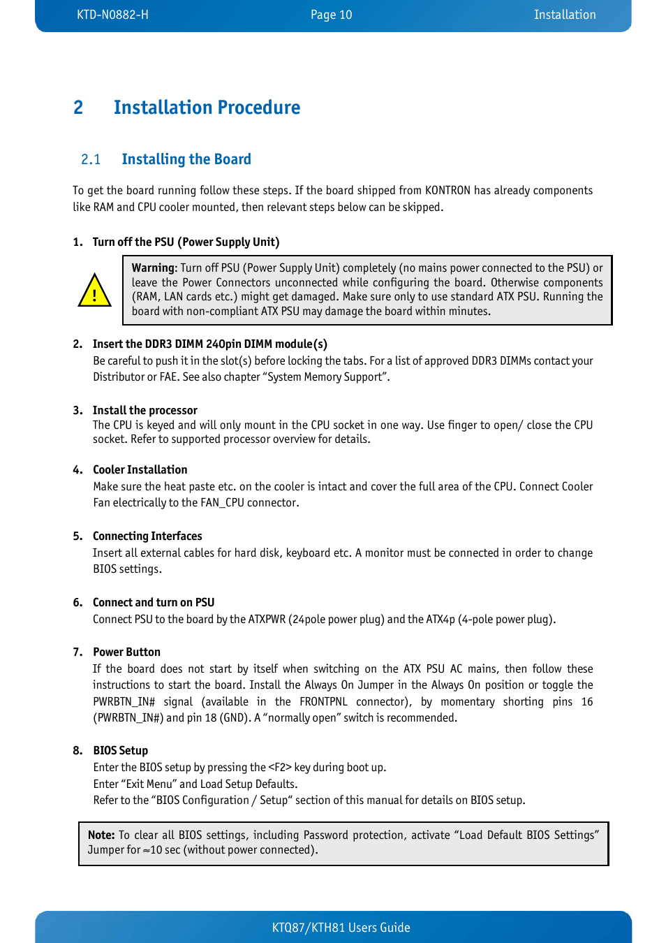 2 installation procedure, 1 installing the board, Installation procedure | Installing the board, 2installation procedure | Kontron KTH81-mITX User Manual | Page 10 / 98