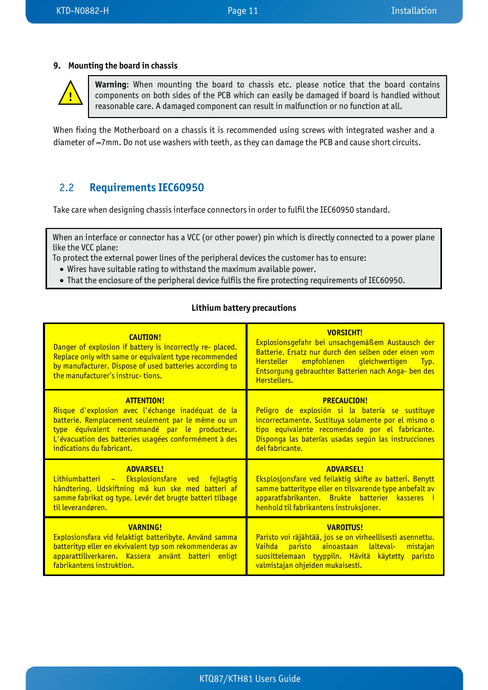 2 requirements iec60950, Requirements iec60950 | Kontron KTH81-mITX User Manual | Page 11 / 98