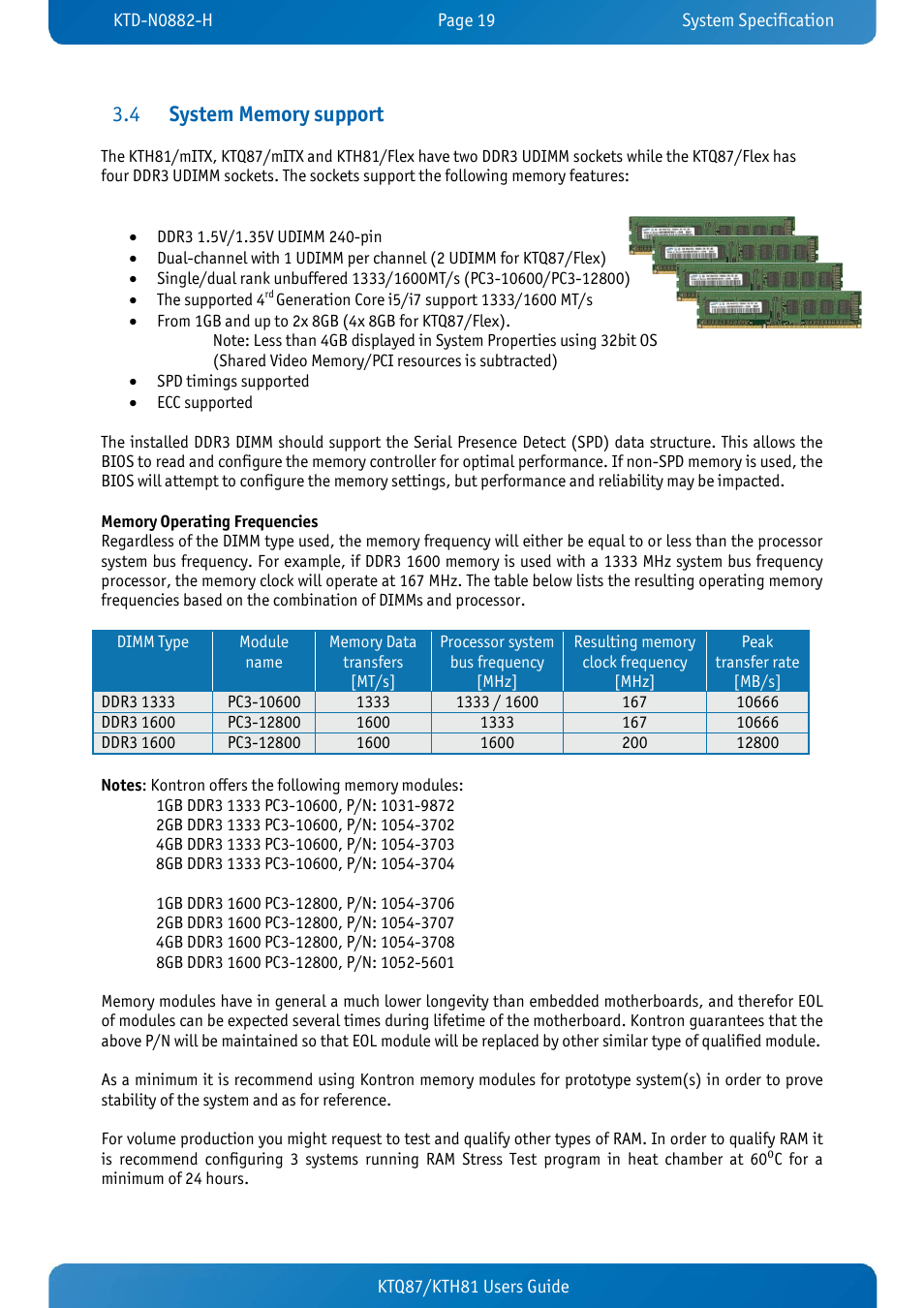 4 system memory support, System memory support | Kontron KTH81-mITX User Manual | Page 19 / 98