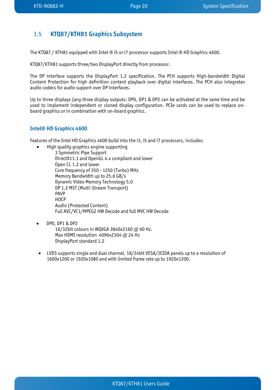 5 ktq87/kth81 graphics subsystem, Intel® hd graphics 4600, Ktq87/kth81 graphics subsystem | Kontron KTH81-mITX User Manual | Page 20 / 98