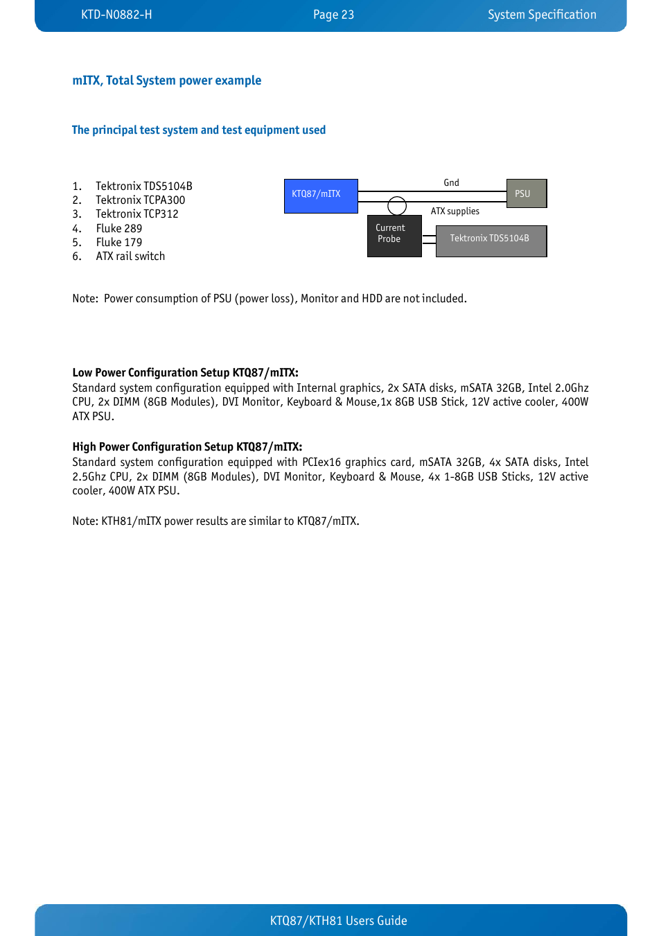 Mitx, total system power example, The principal test system and test equipment used | Kontron KTH81-mITX User Manual | Page 23 / 98