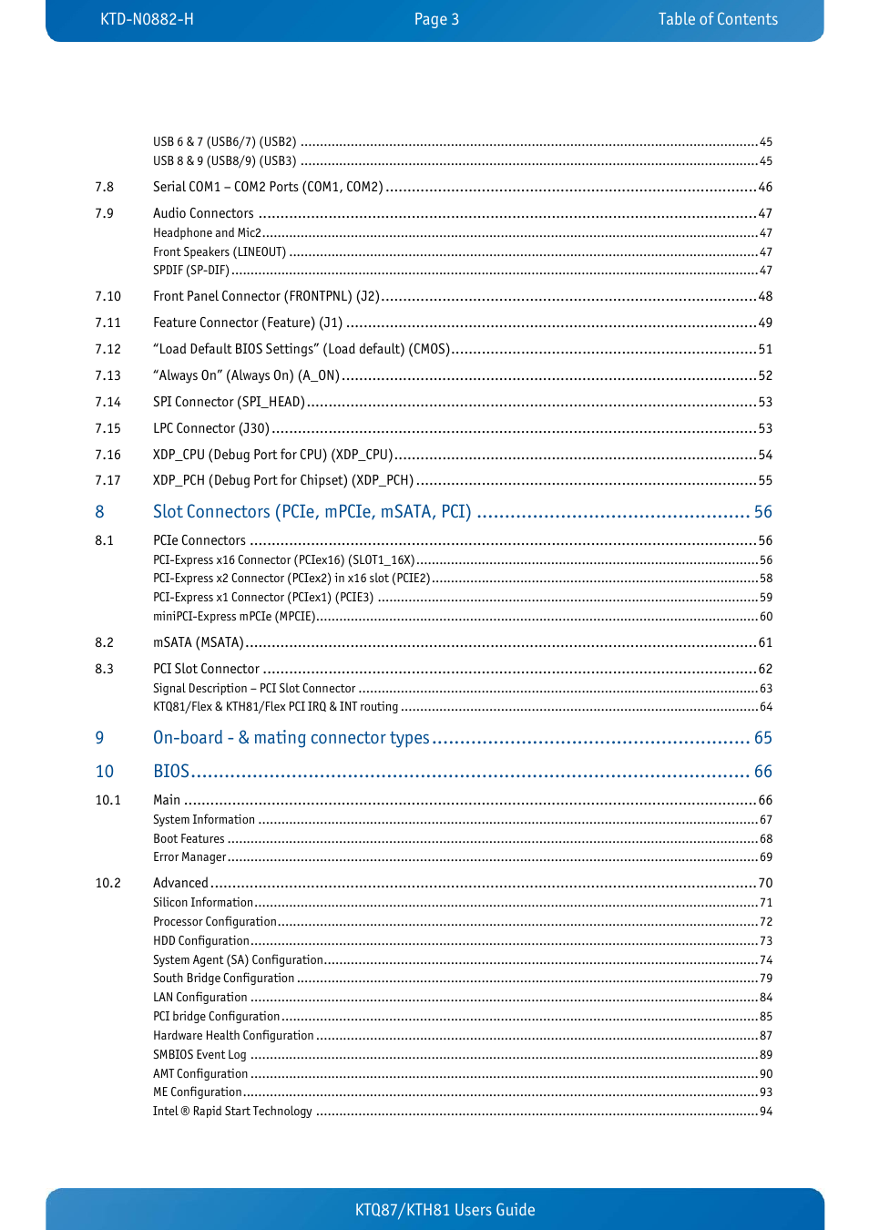 Slot connectors (pcie, mpcie, msata, pci), On-board - & mating connector types, Bios | Kontron KTH81-mITX User Manual | Page 3 / 98