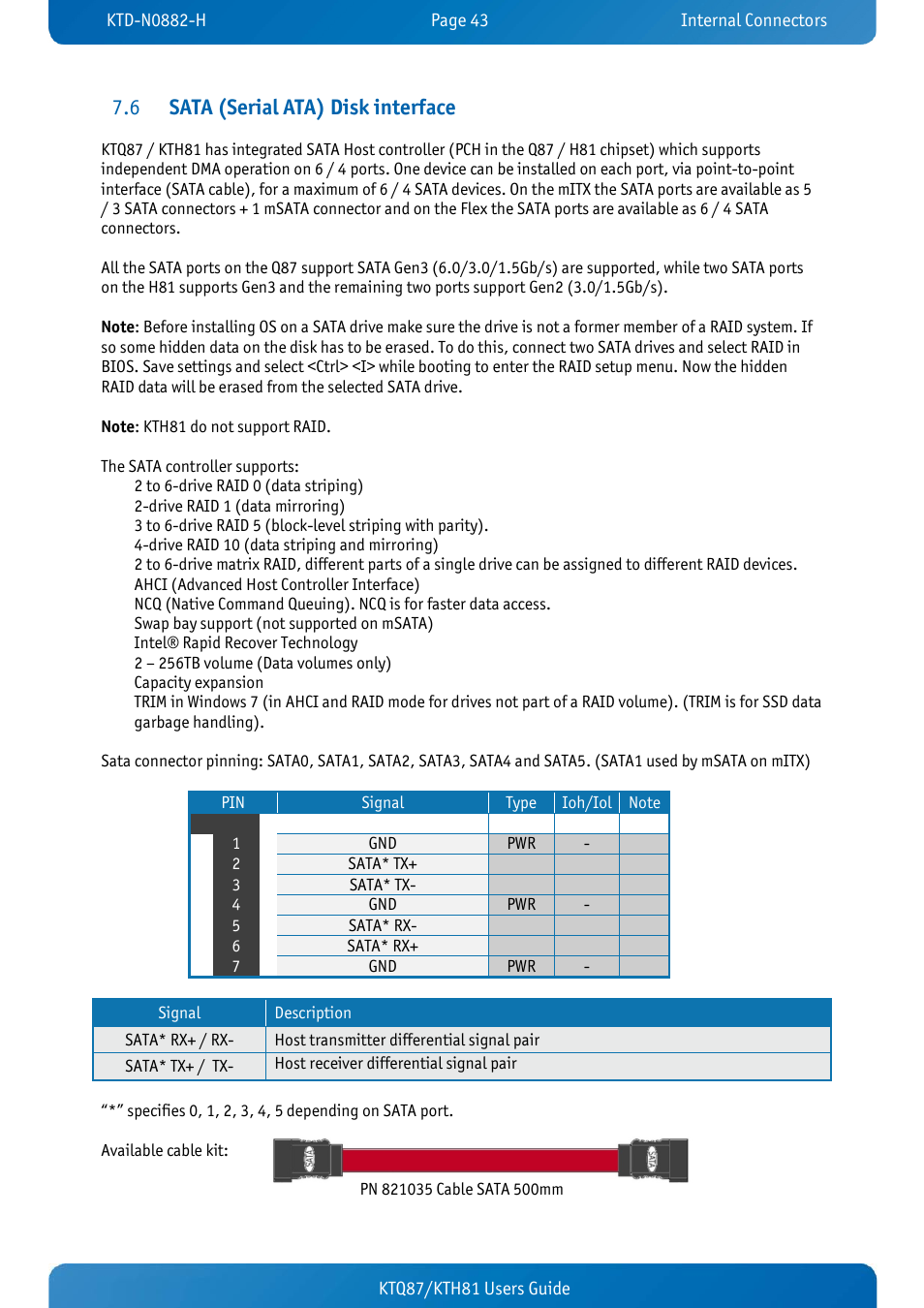 6 sata (serial ata) disk interface, Sata (serial ata) disk interface | Kontron KTH81-mITX User Manual | Page 43 / 98