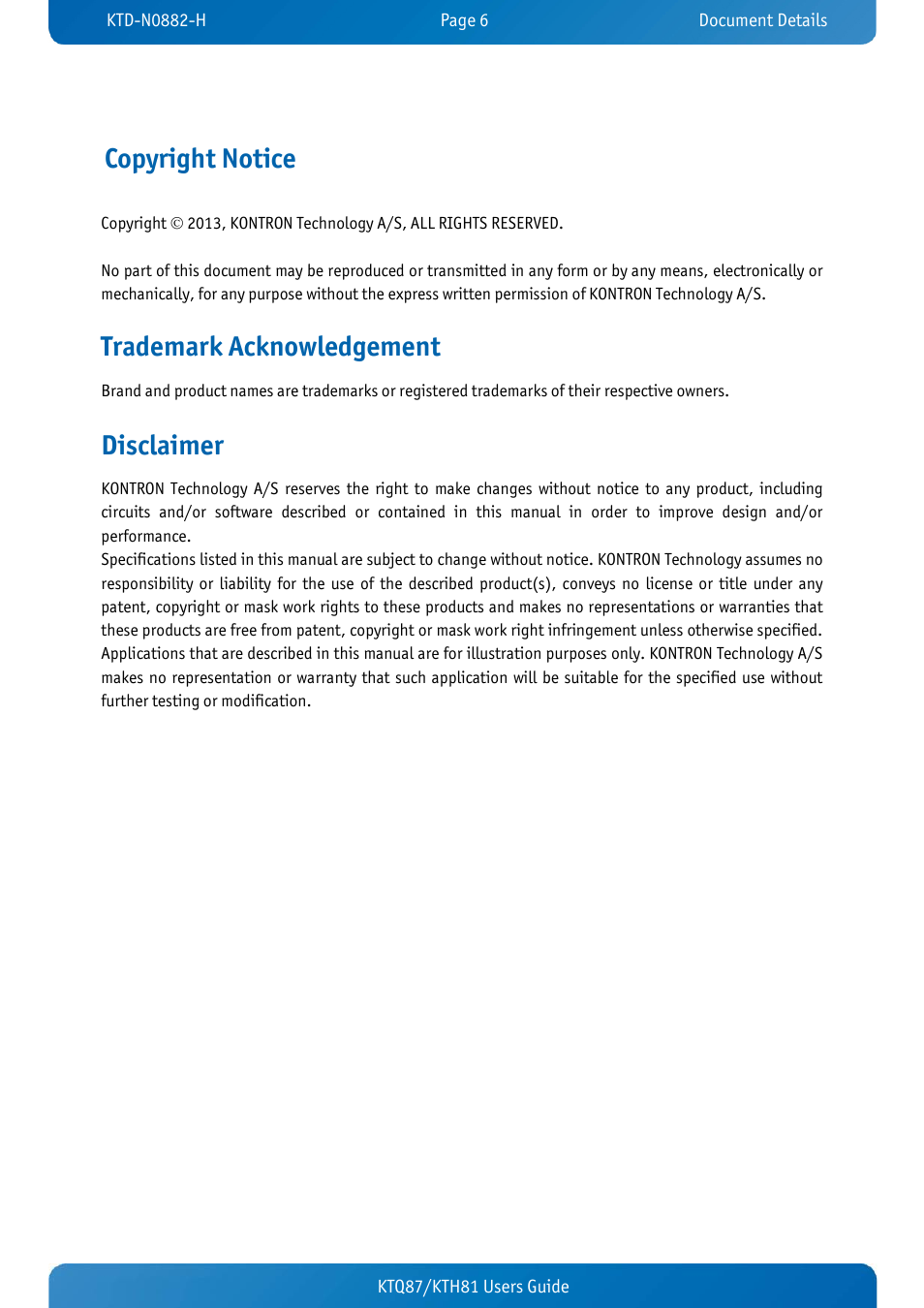 Copyright notice, Trademark acknowledgement, Disclaimer | Kontron KTH81-mITX User Manual | Page 6 / 98