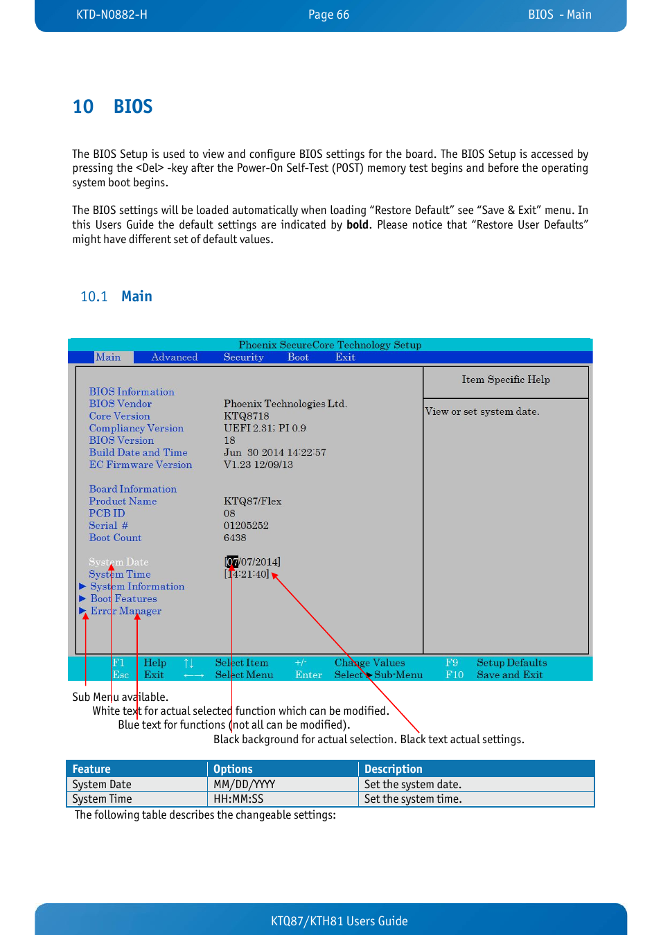 10 bios, 1 main, Bios | Main, Ktq87/kth81 users guide | Kontron KTH81-mITX User Manual | Page 66 / 98