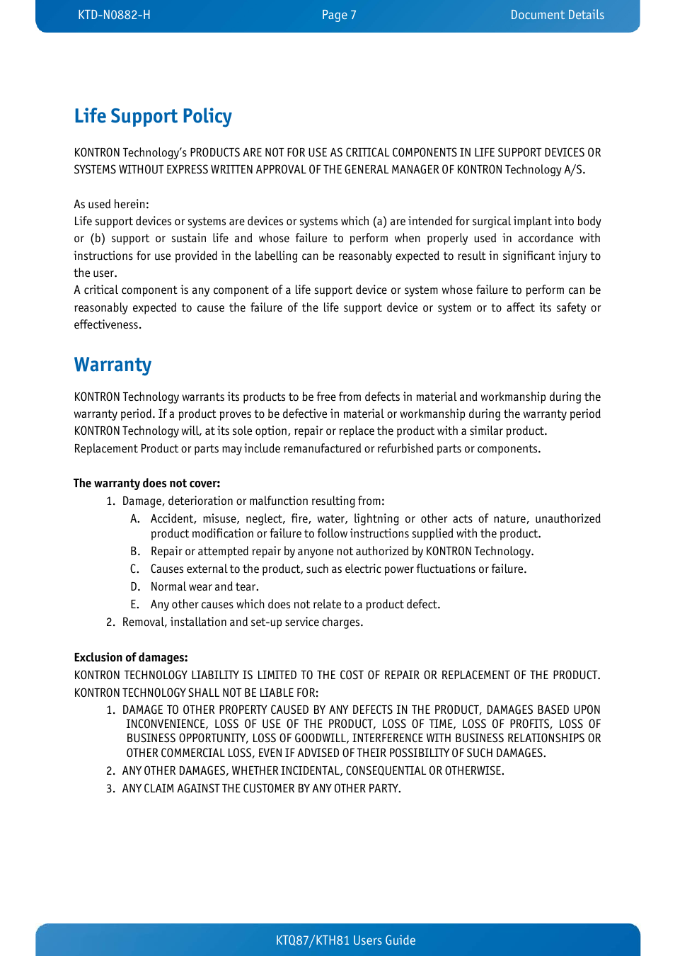 Life support policy, Warranty | Kontron KTH81-mITX User Manual | Page 7 / 98