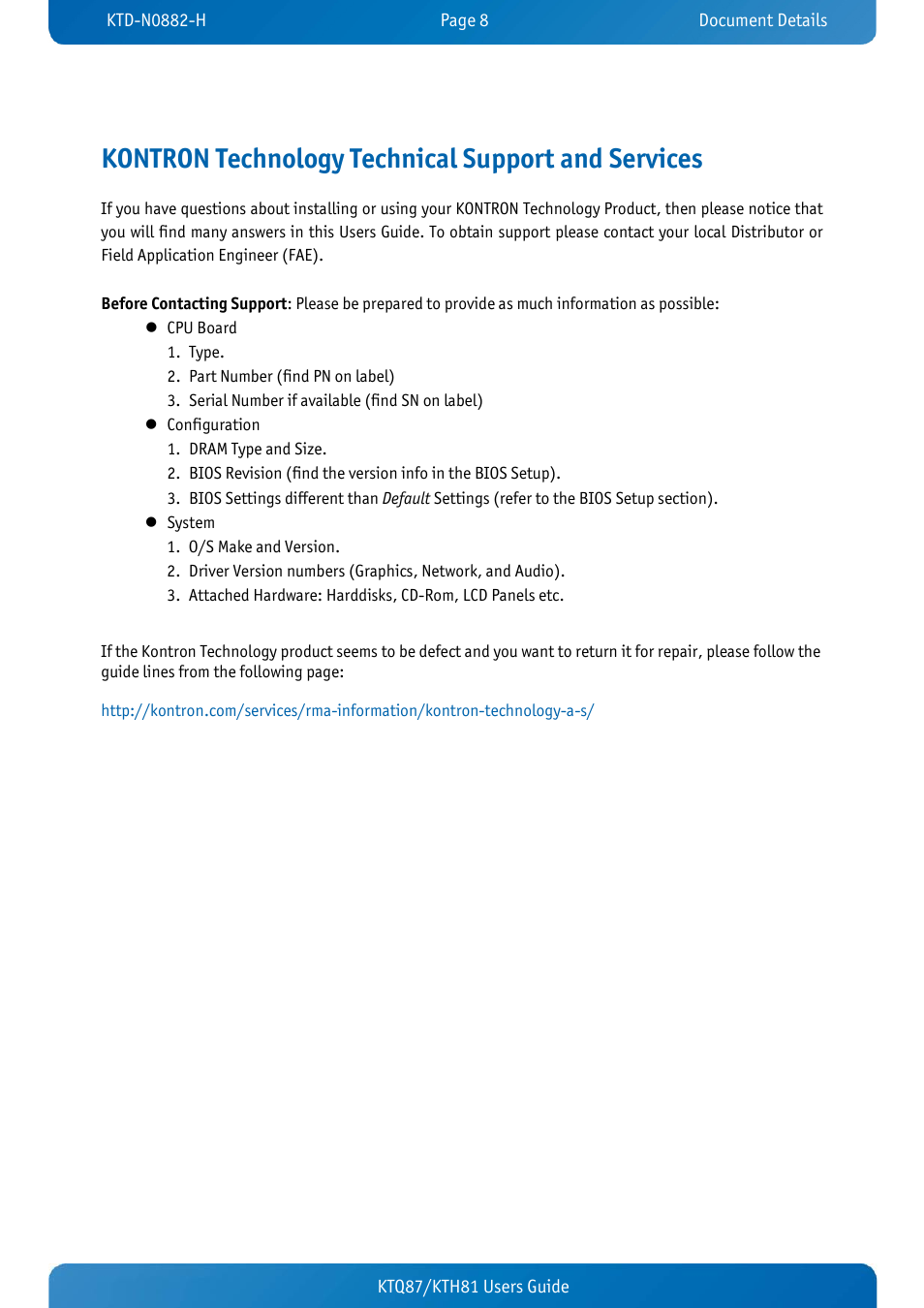 Kontron technology technical support and services | Kontron KTH81-mITX User Manual | Page 8 / 98