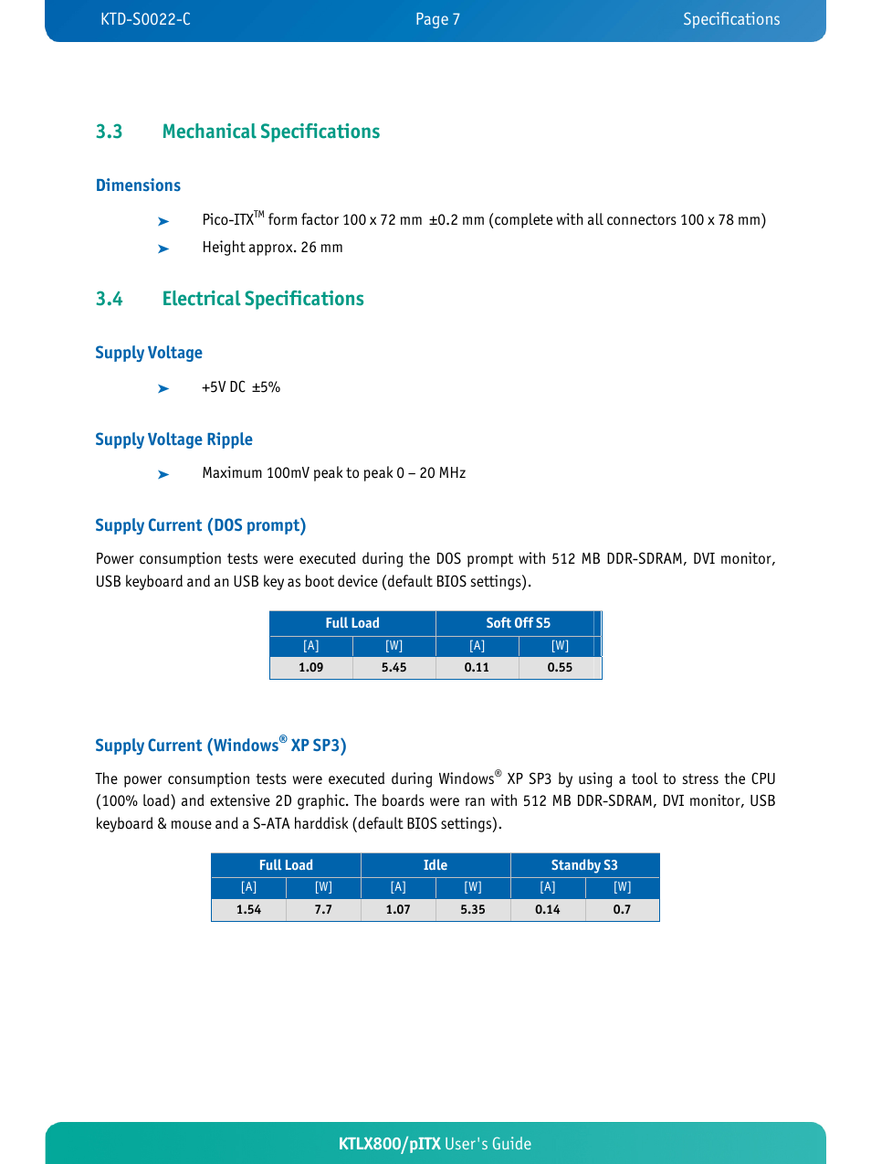 3 mechanical specifications, 4 electrical specifications | Kontron KTLX800-pITX User Manual | Page 12 / 66