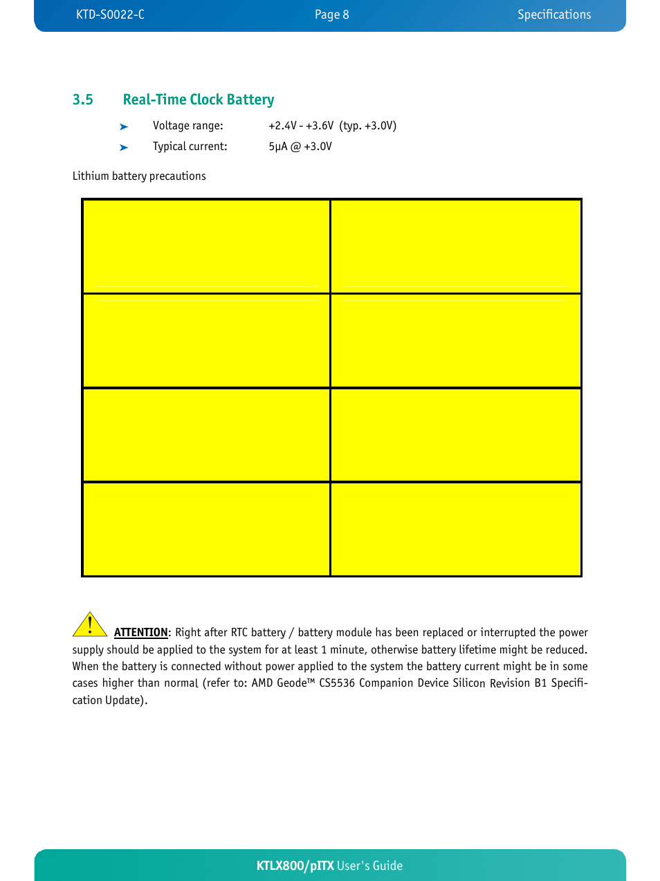 5 real-time clock battery, Ktlx800/pitx user's guide | Kontron KTLX800-pITX User Manual | Page 13 / 66
