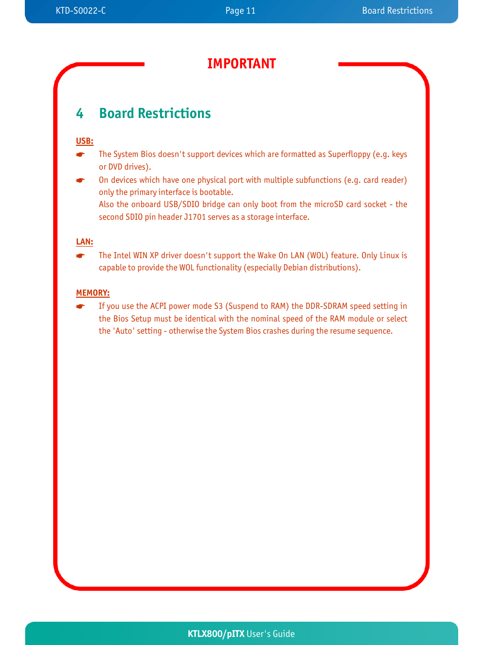 Important, 4 board restrictions | Kontron KTLX800-pITX User Manual | Page 16 / 66