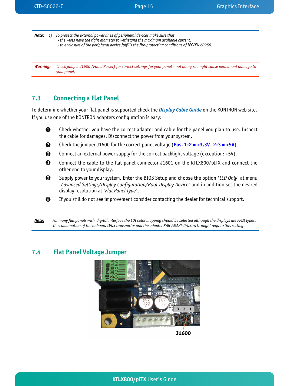 3 connecting a flat panel, 4 flat panel voltage jumper | Kontron KTLX800-pITX User Manual | Page 20 / 66
