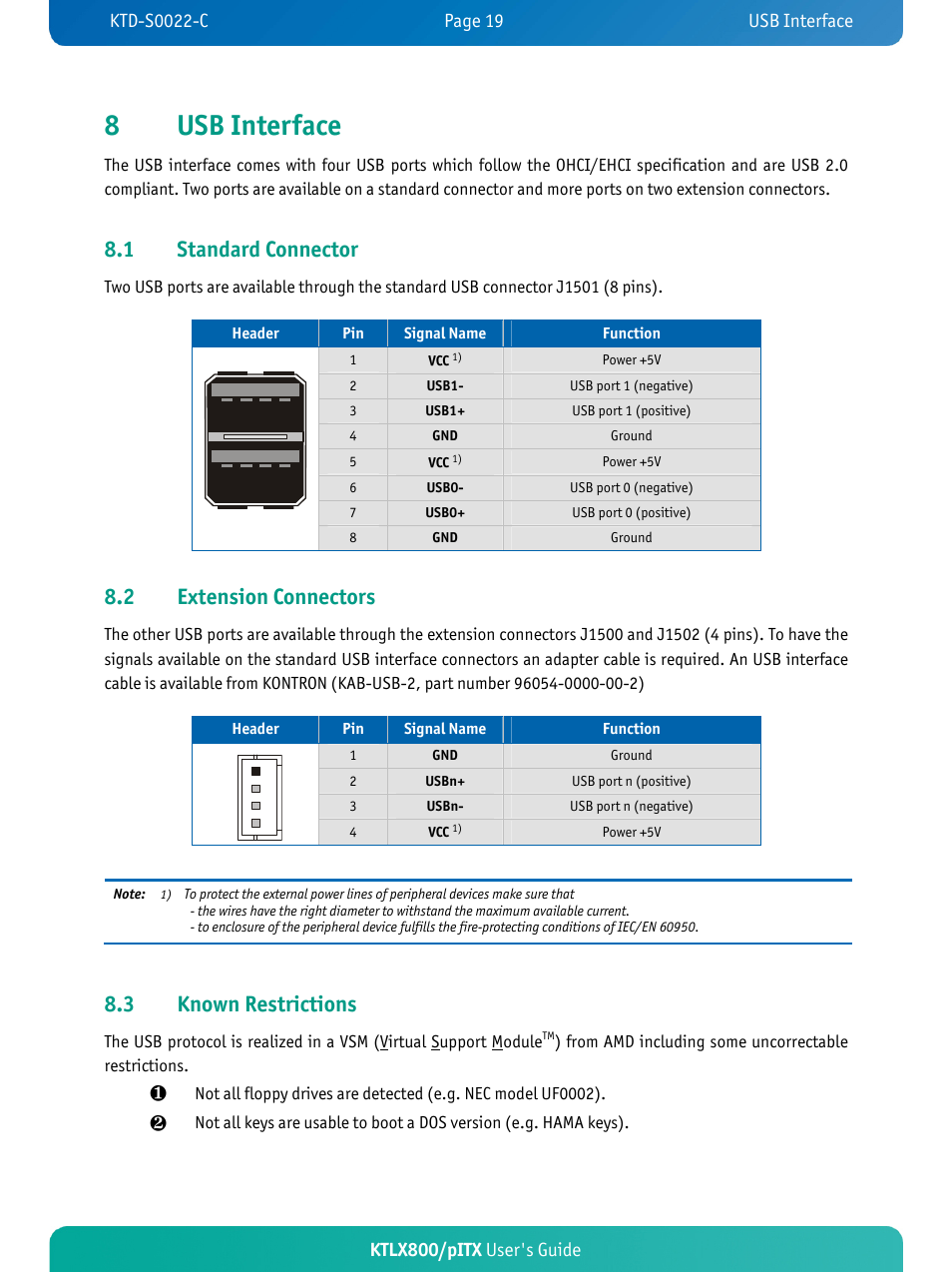 8usb interface, 1 standard connector, Extension connectors | 3 known restrictions, Ktlx800/pitx user's guide | Kontron KTLX800-pITX User Manual | Page 24 / 66