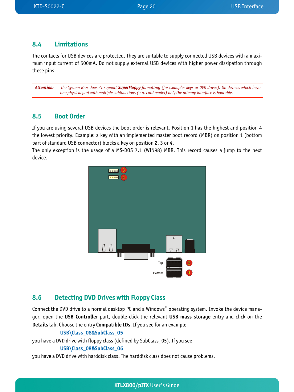 4 limitations, Boot order, 6 detecting dvd drives with floppy class | Kontron KTLX800-pITX User Manual | Page 25 / 66