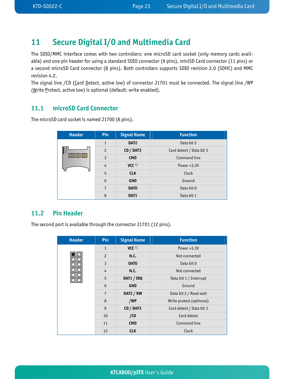 O and multimedia card, 11 secure digital i, 1 microsd card connector | 2 pin header, Ktlx800/pitx user's guide | Kontron KTLX800-pITX User Manual | Page 28 / 66