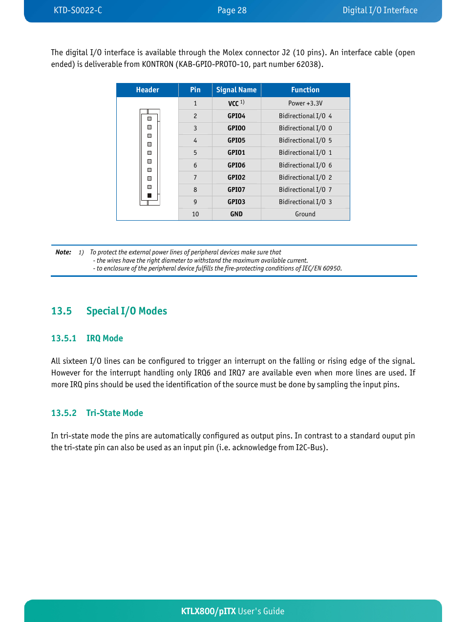 5 special i/o modes, Ktlx800/pitx user's guide, 1 irq mode | 2 tri-sta, Te mode | Kontron KTLX800-pITX User Manual | Page 33 / 66