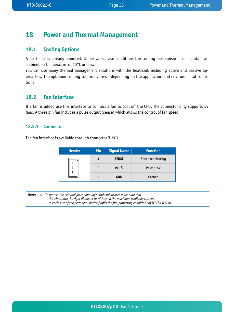 Anagement, 18 power and thermal m, 2 fan interface | 1 cooling options | Kontron KTLX800-pITX User Manual | Page 40 / 66