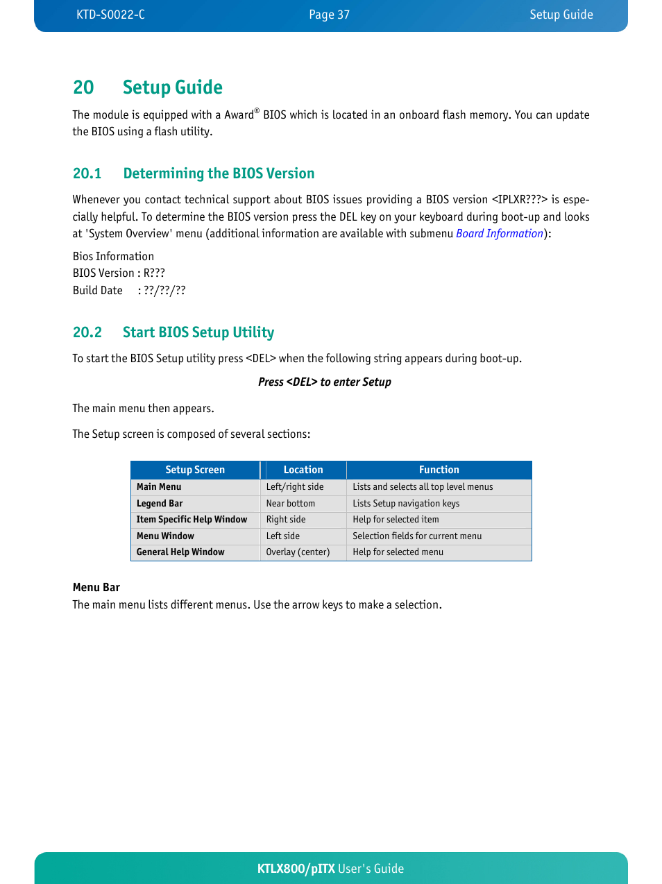 20 setup guide, 1 determining the bios, 2 start bios setup utilit | Version | Kontron KTLX800-pITX User Manual | Page 42 / 66