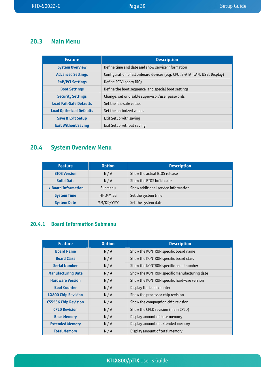 3 main menu, 4 system overview menu, Ktlx800/pitx user's guide | 1 board information submenu | Kontron KTLX800-pITX User Manual | Page 44 / 66