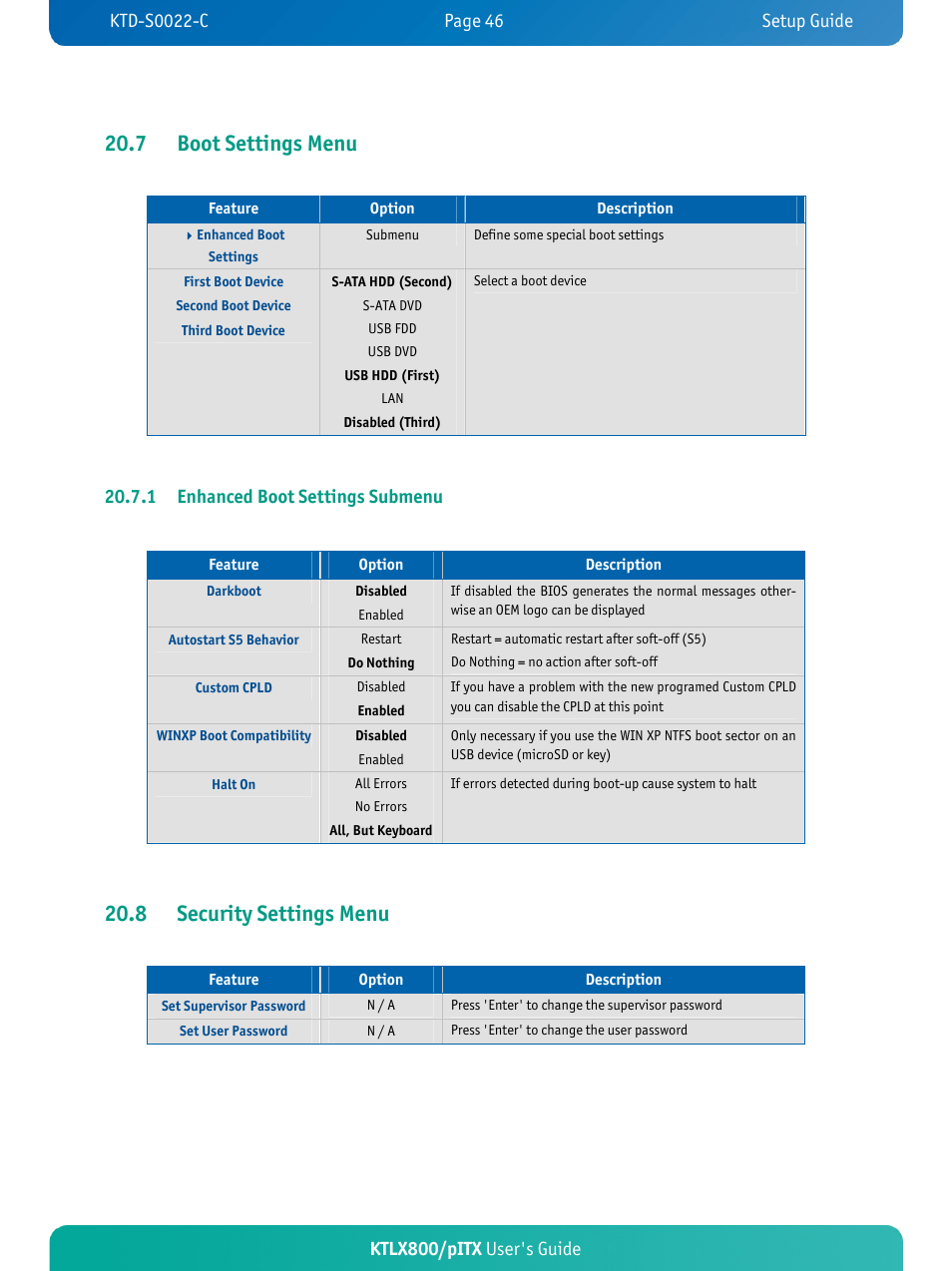 7 boot settings menu, 8 security settings menu, Ktlx800/pitx user's guide | 1 tting enu, Enhanced boot se s subm | Kontron KTLX800-pITX User Manual | Page 51 / 66
