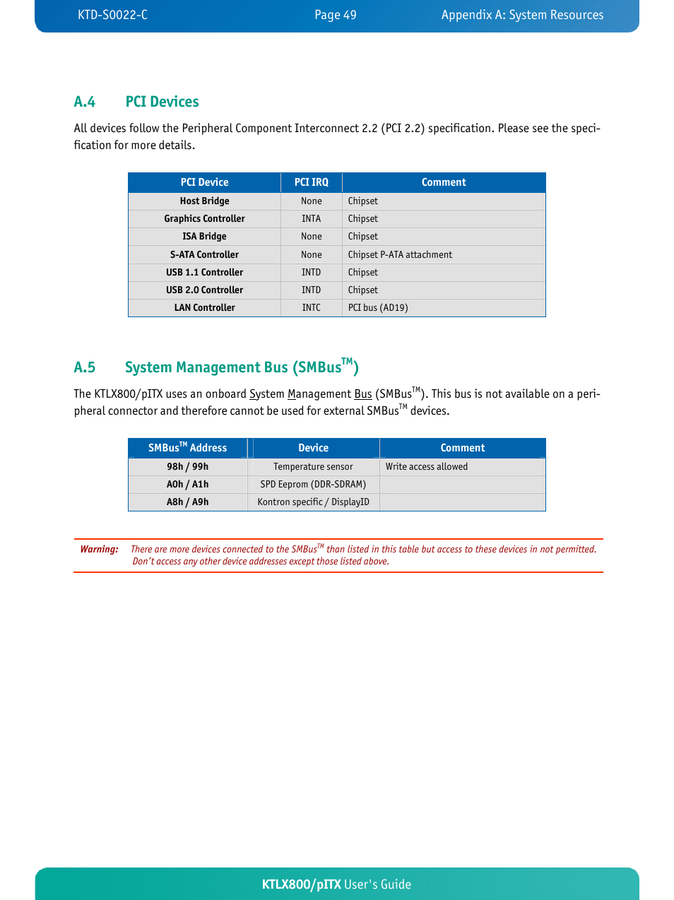 A.4 pci devices, A.5 system management bus (smbus, Ktlx800/pitx user's guide | Kontron KTLX800-pITX User Manual | Page 54 / 66