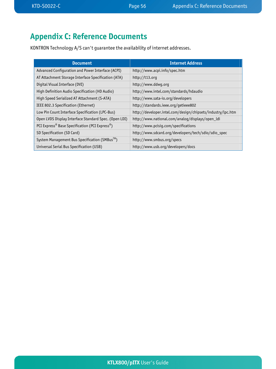 Appendix c: refe um, Rence doc ents, Ktlx800/pitx user's guide | Kontron KTLX800-pITX User Manual | Page 61 / 66