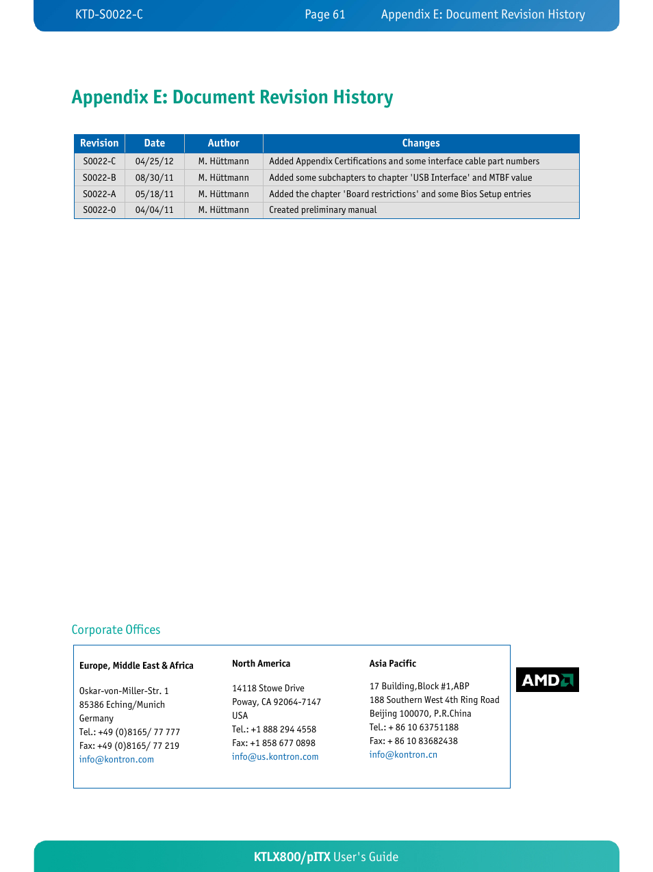 Appendix e: document revision history, Ktlx800/pitx user's guide, Corporate offices | Kontron KTLX800-pITX User Manual | Page 66 / 66