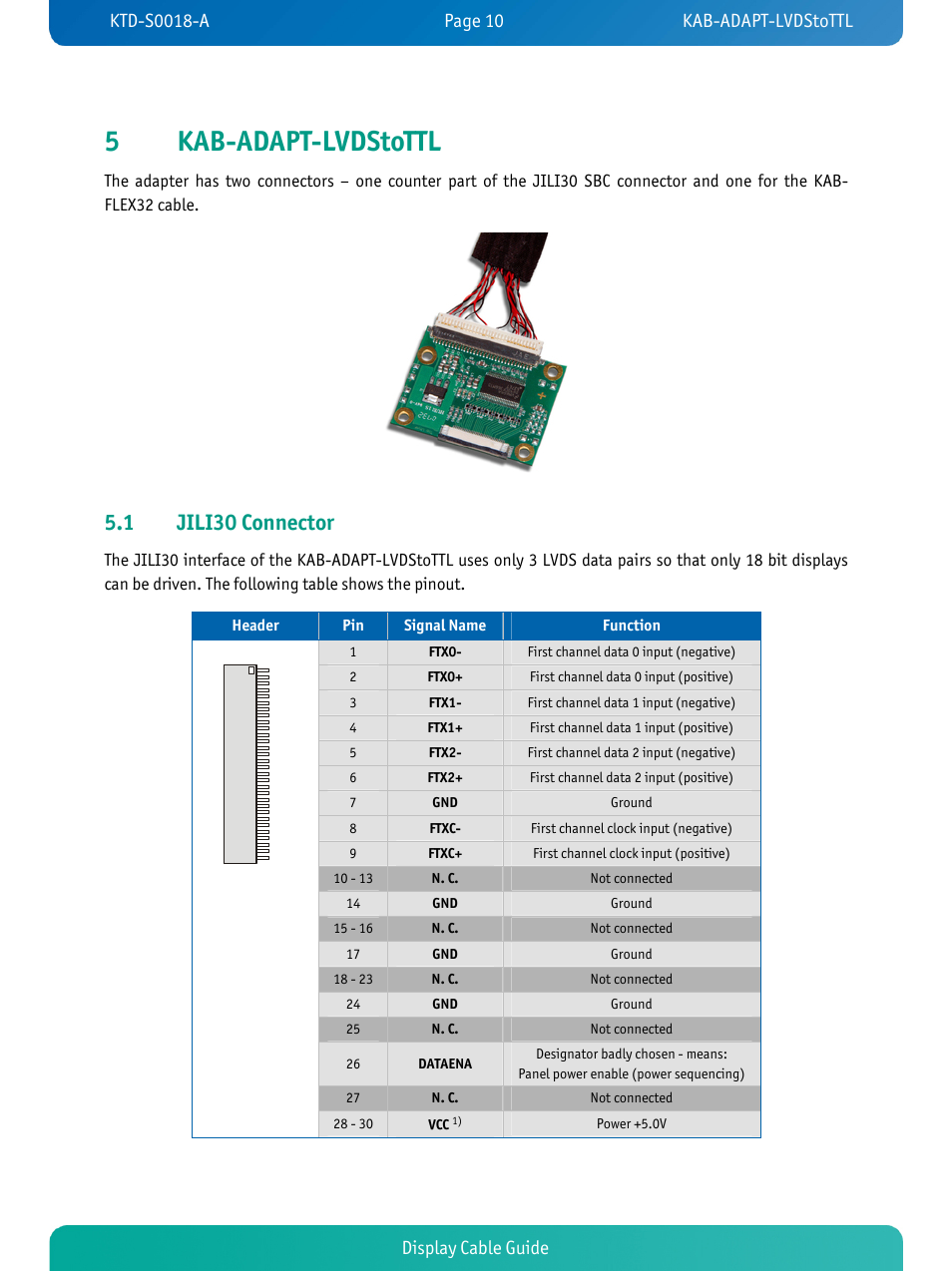 5kab-adapt-lvdstottl, 1 jili30 connector, Display cable guide | Kontron KTD-S0018-A User Manual | Page 12 / 19