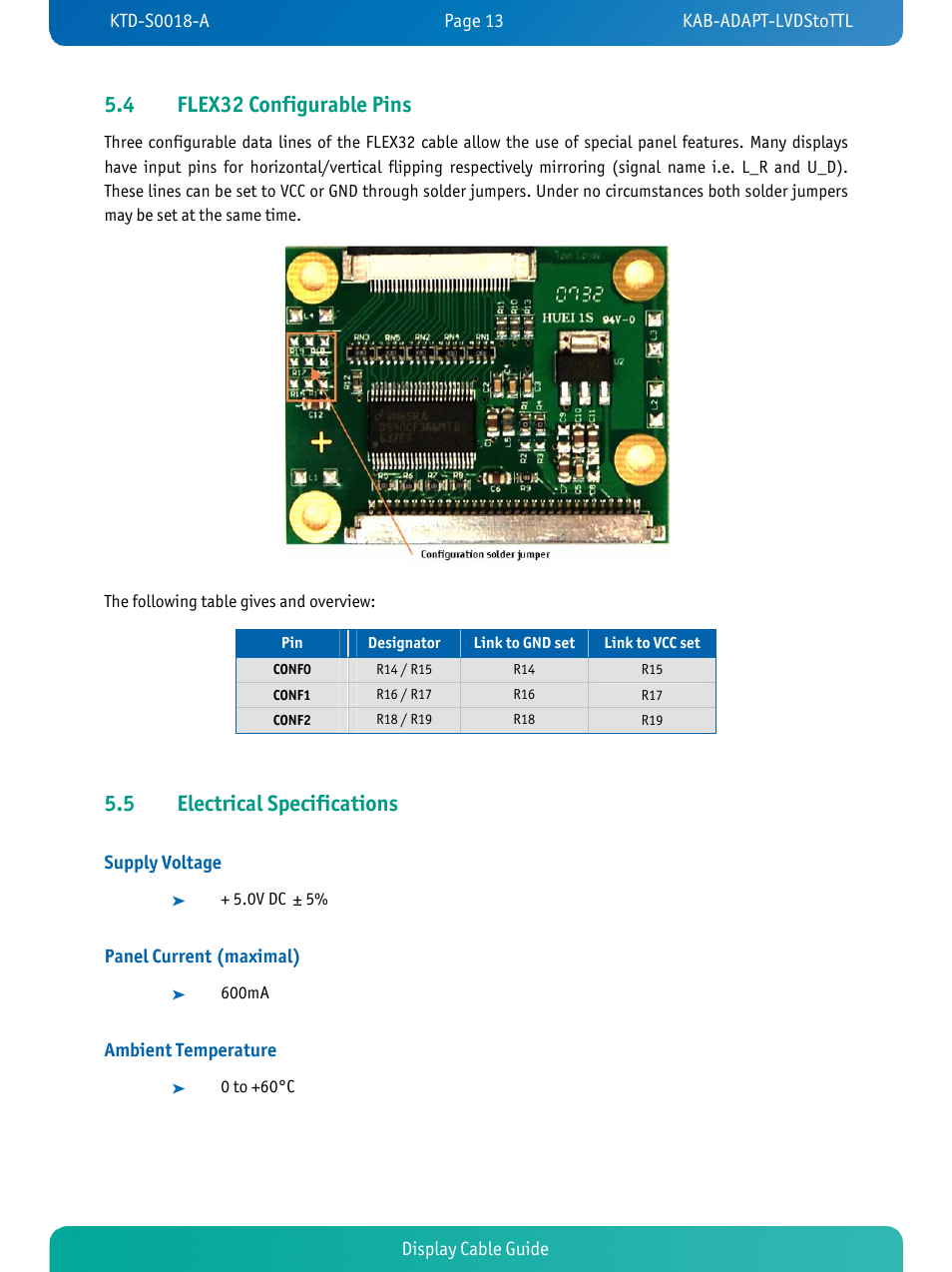 4 flex32 configurable pins, 5 electrical specifications | Kontron KTD-S0018-A User Manual | Page 15 / 19