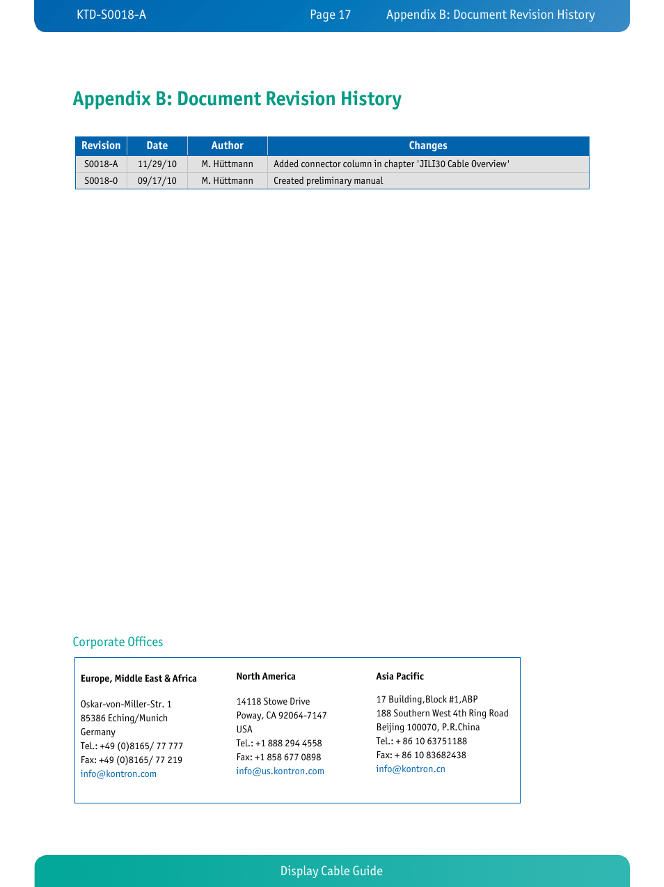 Appendix b: document revision history | Kontron KTD-S0018-A User Manual | Page 19 / 19