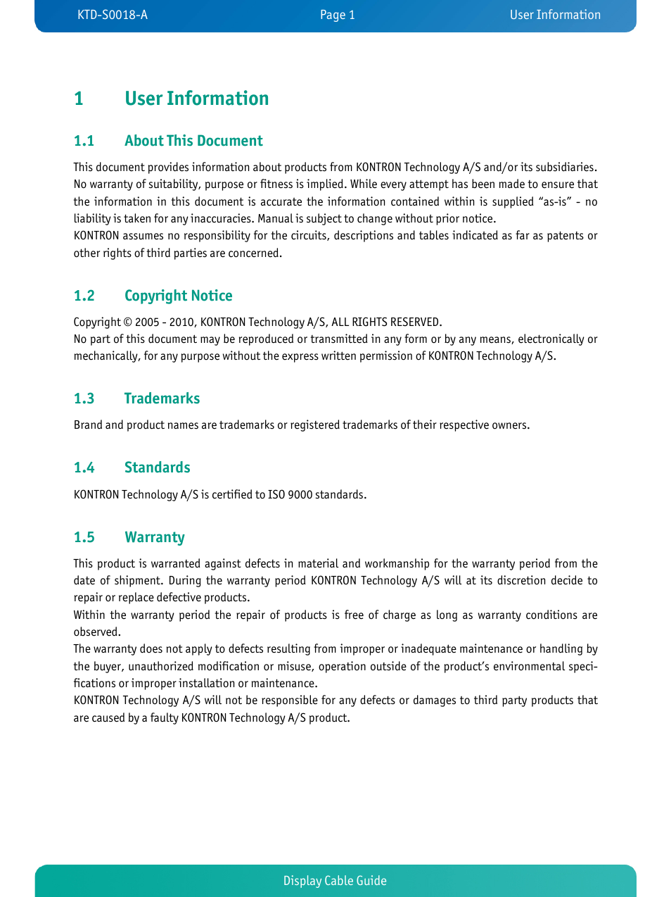 1user information | Kontron KTD-S0018-A User Manual | Page 3 / 19