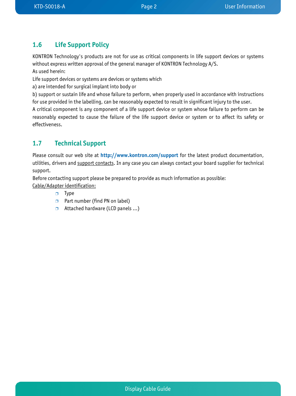 6 life support policy, 7 technical support | Kontron KTD-S0018-A User Manual | Page 4 / 19