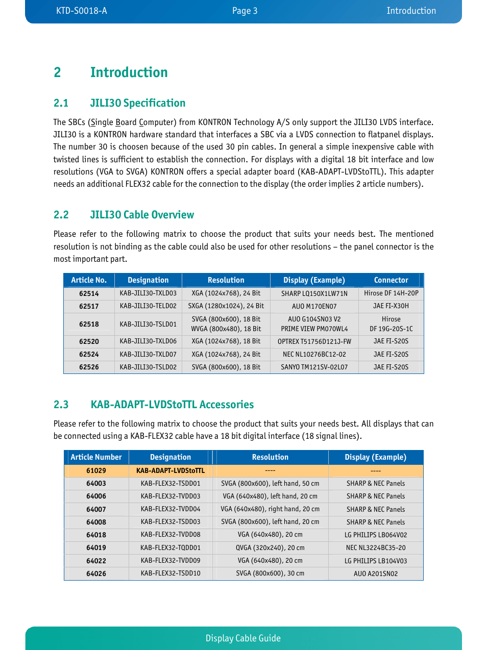 2introduction, 1 jili30 specification, 2 jili30 cable overview | 3 kab-adapt-lvdstottl accessories, Display cable guide | Kontron KTD-S0018-A User Manual | Page 5 / 19