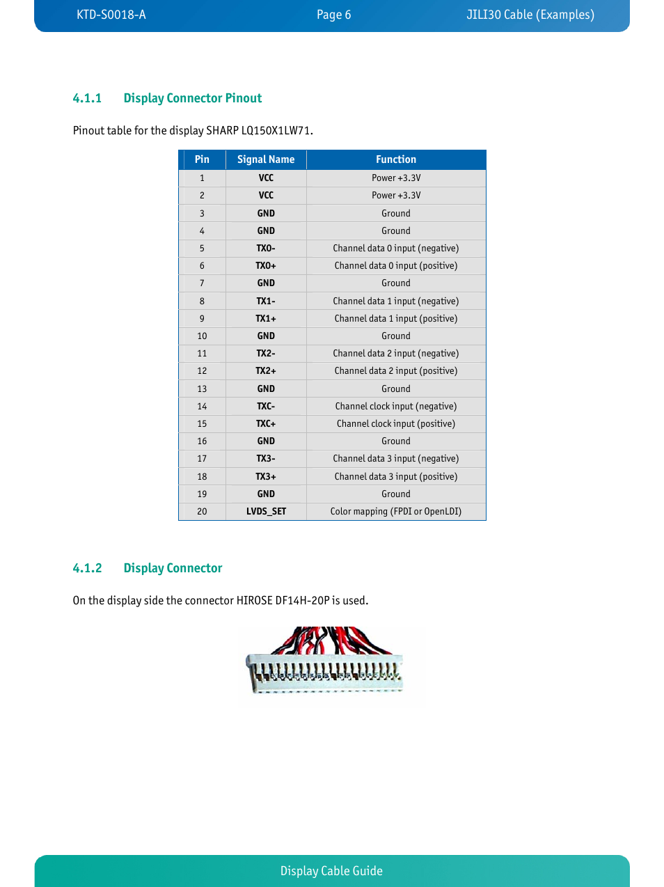 Display cable guide 4.1.1 display connector pinout, 2 display connector | Kontron KTD-S0018-A User Manual | Page 8 / 19
