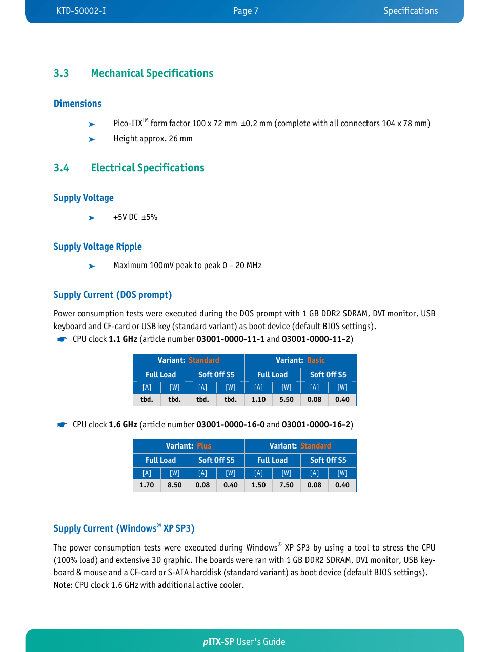 3 mechanical specifications, 4 electrical specifications | Kontron pITX-SP User Manual | Page 12 / 67