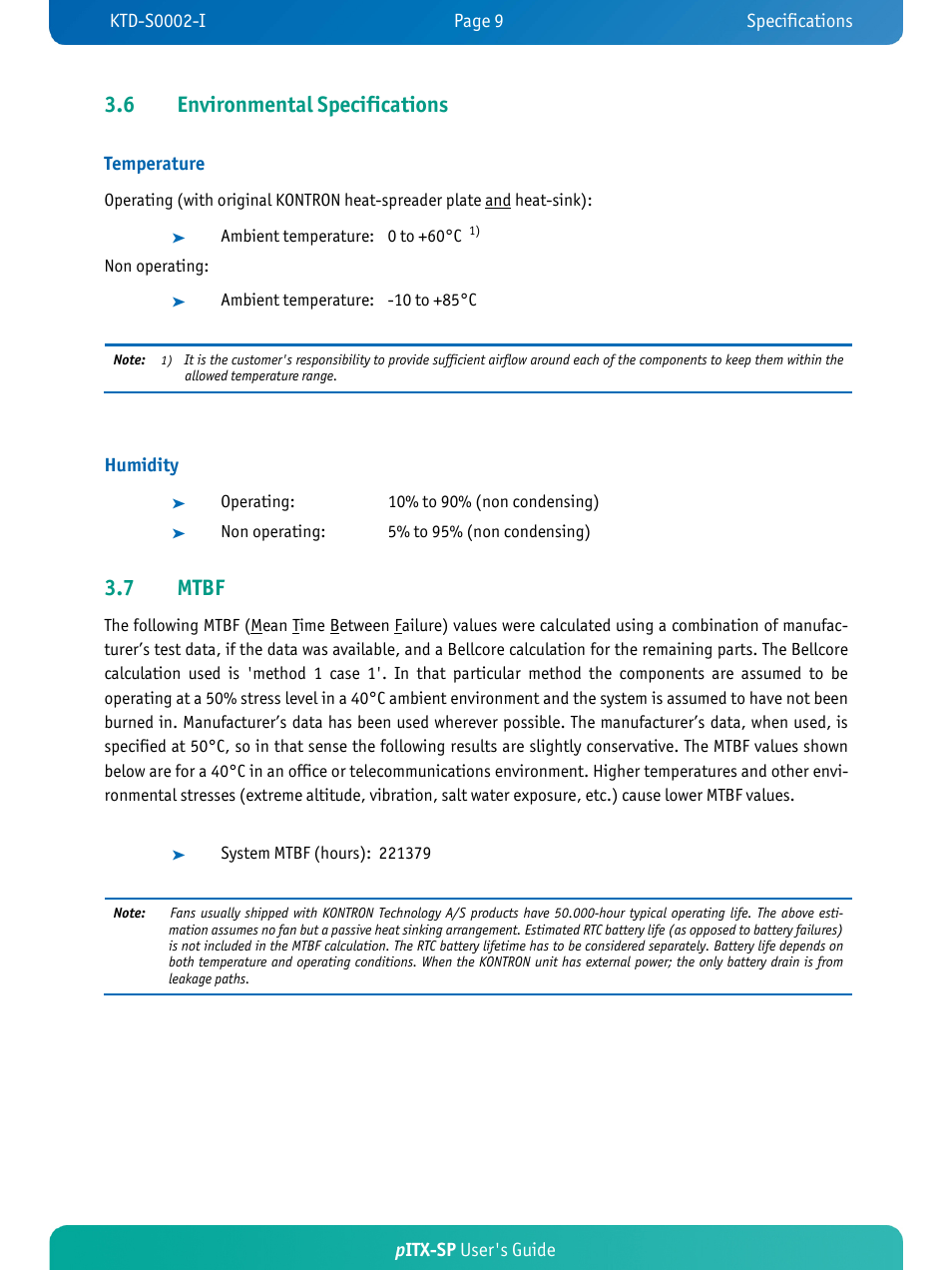 6 environmental specifications, 7 mtbf | Kontron pITX-SP User Manual | Page 14 / 67