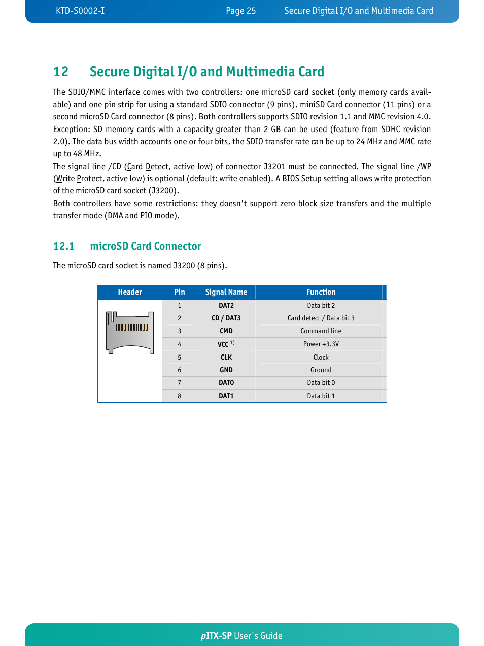 12 secure digital i/o and multimedia card, 1 microsd card connector, Pitx-sp user's guide | Kontron pITX-SP User Manual | Page 30 / 67