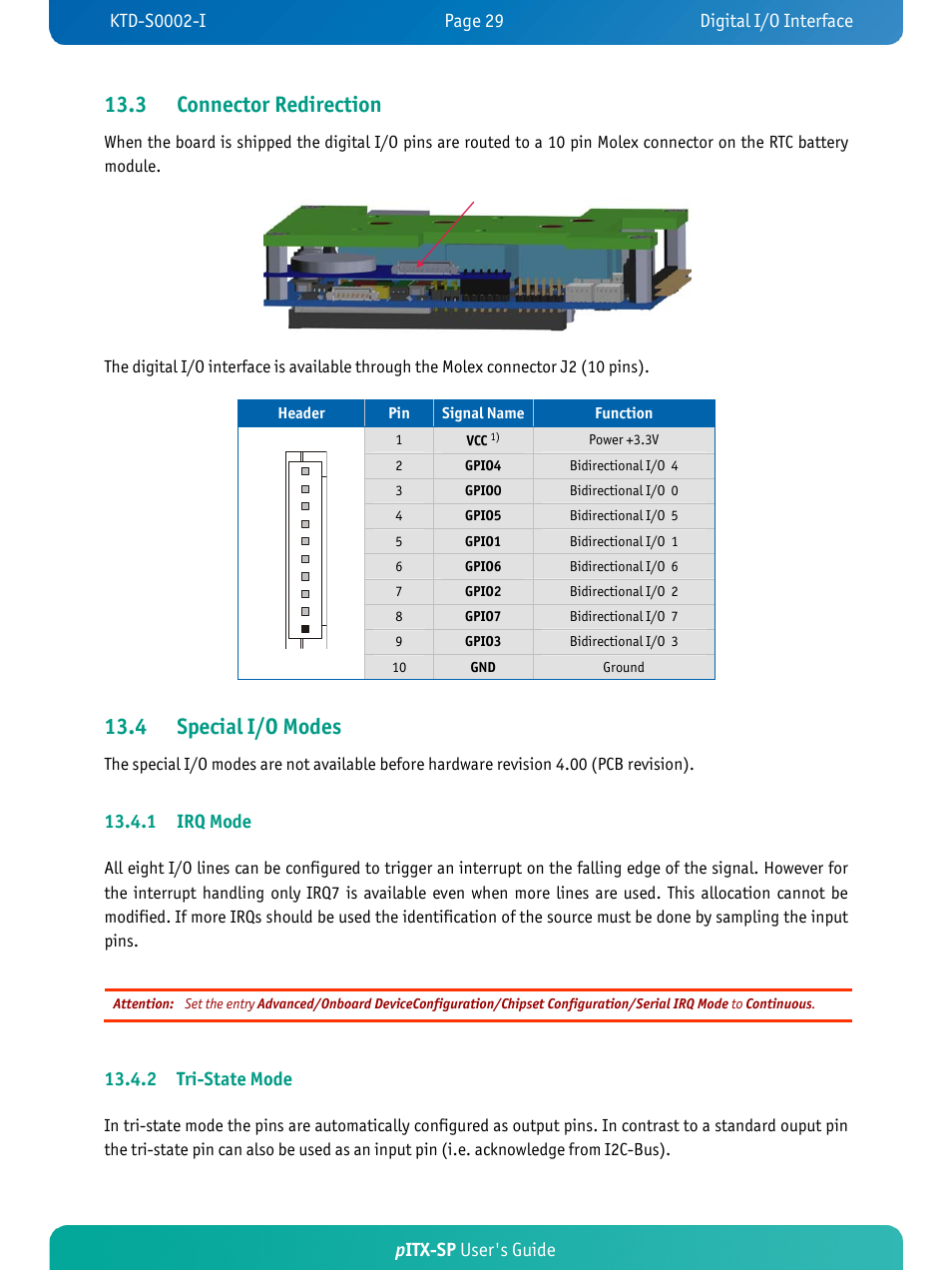 3 connector redirection, 4 special i/o modes, Pitx-sp user's guide | 1 irq mode, 2 tri-state mode | Kontron pITX-SP User Manual | Page 34 / 67