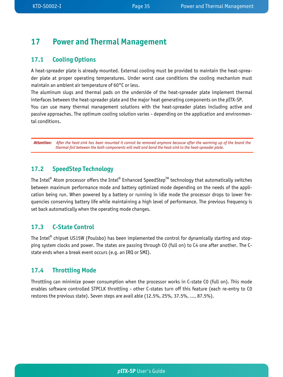17 power and thermal management, 1 cooling options, 2 speedstep technology | 3 c-state control, 4 throttling mode | Kontron pITX-SP User Manual | Page 40 / 67