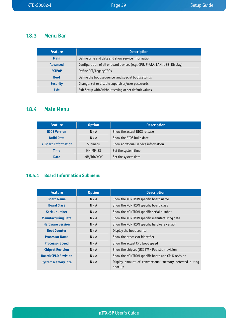 3 menu bar, 4 main menu, Pitx-sp user's guide | 1 board information submenu | Kontron pITX-SP User Manual | Page 44 / 67