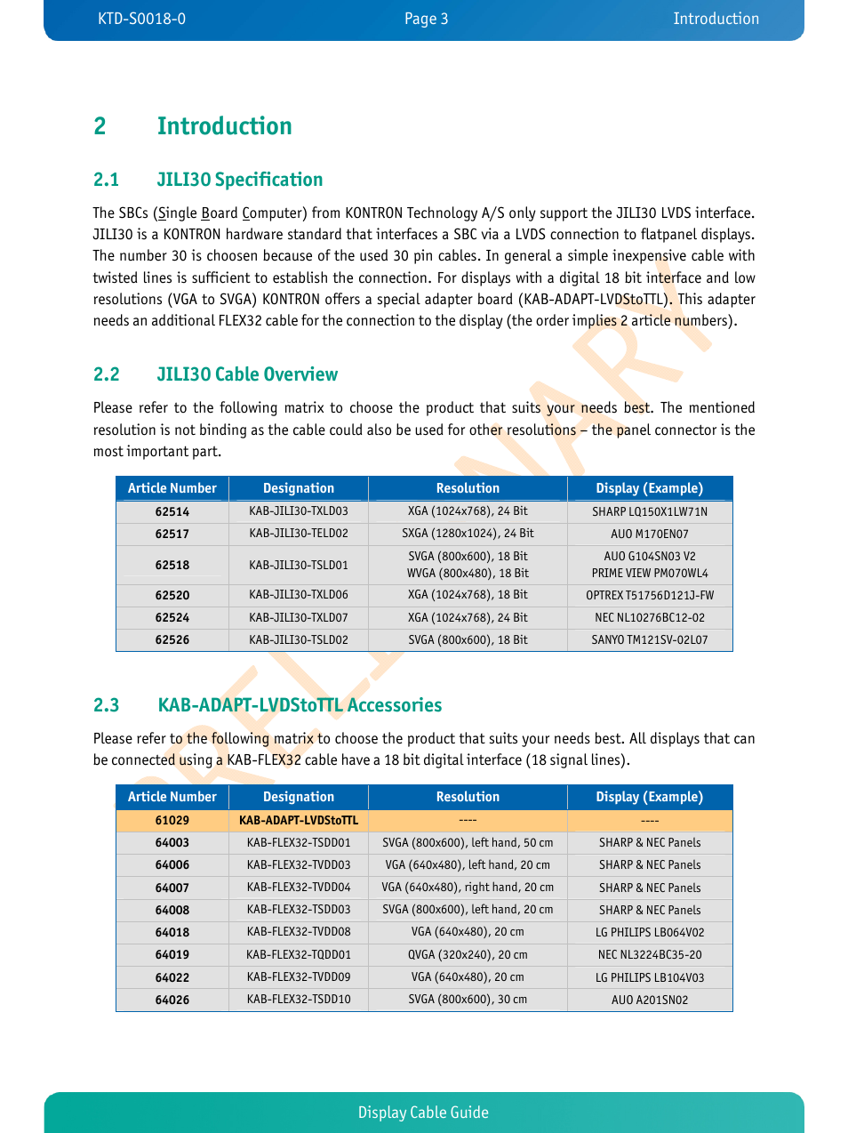 2introduction, 1 jili30 specification, 2 jili30 cable overview | 3 kab-adapt-lvdstottl accessories, Display cable guide | Kontron pITX-SP Display Cable User Manual | Page 5 / 19