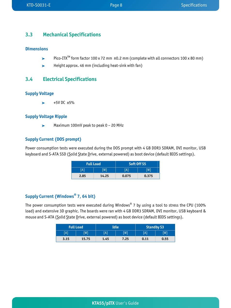 3 mechanical specifications, 4 electrical specifications, Kta55/pitx user's guide | Dimensions, Supply voltage, Supply voltage ripple, Supply current (dos prompt), Supply current (windows, 7, 64 bit) | Kontron KTA55-pITX User Manual | Page 12 / 67