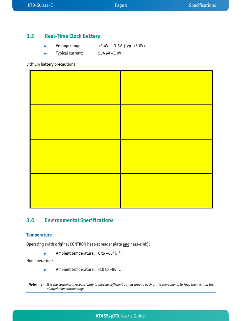 5 real-time clock battery, 6 environmental specifications, Kta55/pitx user's guide | Temperature | Kontron KTA55-pITX User Manual | Page 13 / 67
