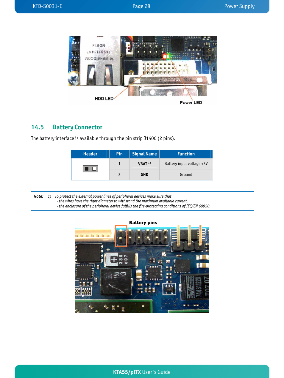 5 battery connector, Kta55/pitx user's guide | Kontron KTA55-pITX User Manual | Page 32 / 67