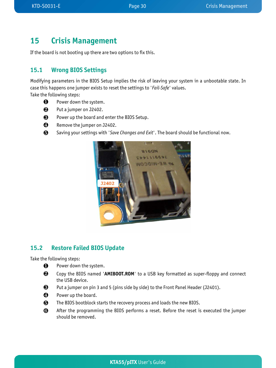 15 crisis management, 1 wrong bios settings, 2 restore failed bios update | Kontron KTA55-pITX User Manual | Page 34 / 67