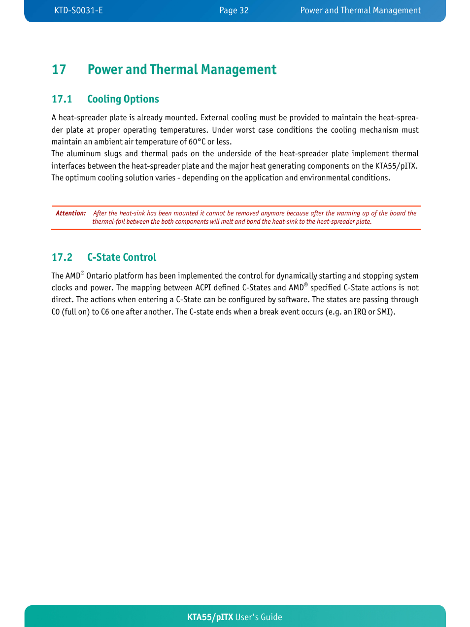 17 power and thermal management, 1 cooling options, 2 c-state control | Kontron KTA55-pITX User Manual | Page 36 / 67