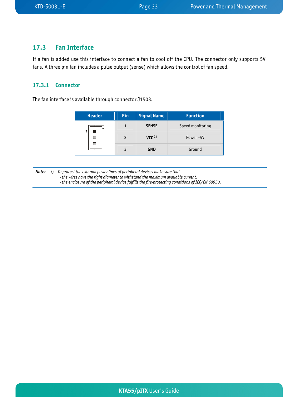 3 fan interface, Kta55/pitx user's guide, 1 connector | Kontron KTA55-pITX User Manual | Page 37 / 67